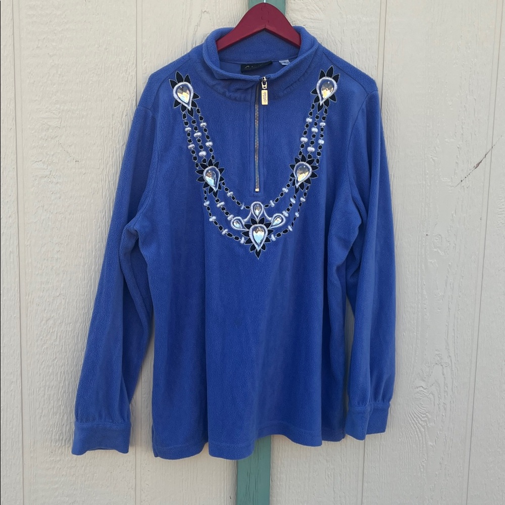 Bob Mackie Wearable Art Embellished Neckline Fleece Pullover L Large